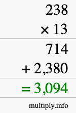 How to calculate 238 times 13 using long multiplication How to calculate 238 times 13 using long multiplication