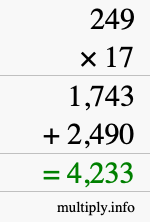How to calculate 249 times 17 using long multiplication