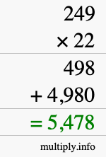 How to calculate 249 times 22 using long multiplication