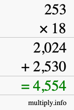 How to calculate 253 times 18 using long multiplication