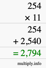 How to calculate 254 times 11 using long multiplication