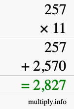 How to calculate 257 times 11 using long multiplication