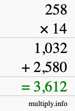 How to calculate 258 times 14 using long multiplication