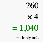 How to calculate 260 times 4 using long multiplication