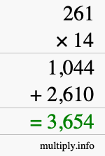 How to calculate 261 times 14 using long multiplication