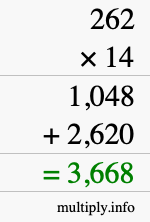 How to calculate 262 times 14 using long multiplication