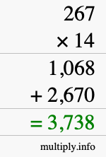 How to calculate 267 times 14 using long multiplication