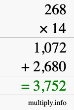 How to calculate 268 times 14 using long multiplication