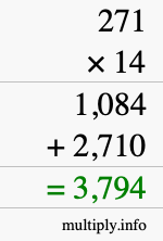 How to calculate 271 times 14 using long multiplication