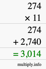 How to calculate 274 times 11 using long multiplication