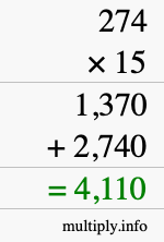 How to calculate 274 times 15 using long multiplication How to calculate 274 times 15 using long multiplication