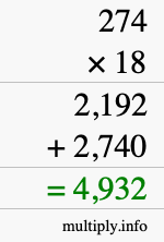 How to calculate 274 times 18 using long multiplication How to calculate 274 times 18 using long multiplication