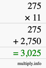 How to calculate 275 times 11 using long multiplication