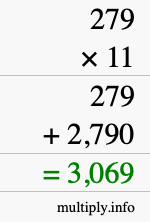 How to calculate 279 times 11 using long multiplication