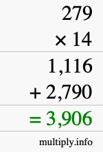 How to calculate 279 times 14 using long multiplication