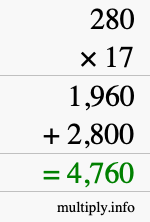 How to calculate 280 times 17 using long multiplication How to calculate 280 times 17 using long multiplication
