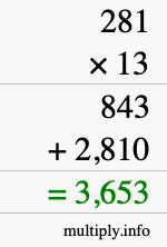 How to calculate 281 times 13 using long multiplication