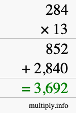 How to calculate 284 times 13 using long multiplication How to calculate 284 times 13 using long multiplication