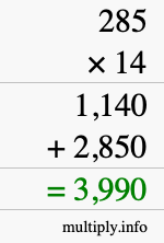 How to calculate 285 times 14 using long multiplication