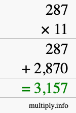 How to calculate 287 times 11 using long multiplication