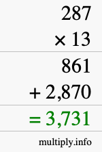 How to calculate 287 times 13 using long multiplication How to calculate 287 times 13 using long multiplication