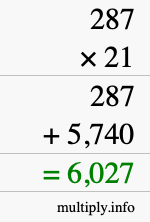 How to calculate 287 times 21 using long multiplication