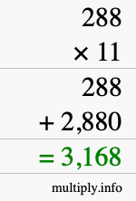 How to calculate 288 times 11 using long multiplication