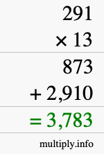 How to calculate 291 times 13 using long multiplication