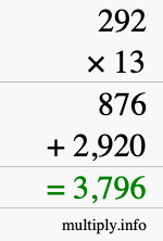 How to calculate 292 times 13 using long multiplication