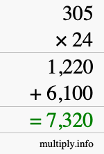 How to calculate 305 times 24 using long multiplication