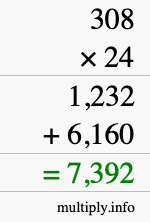 How to calculate 308 times 24 using long multiplication