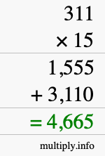 How to calculate 311 times 15 using long multiplication How to calculate 311 times 15 using long multiplication