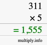How to calculate 311 times 5 using long multiplication