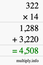 How to calculate 322 times 14 using long multiplication