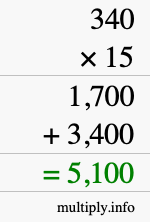 How to calculate 340 times 15 using long multiplication