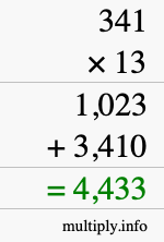 How to calculate 341 times 13 using long multiplication