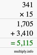 How to calculate 341 times 15 using long multiplication
