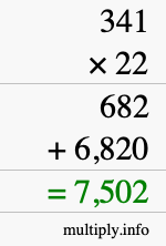 How to calculate 341 times 22 using long multiplication