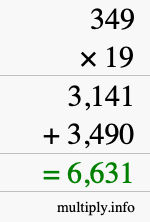 How to calculate 349 times 19 using long multiplication