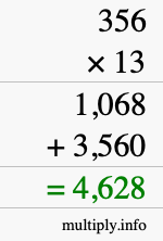 How to calculate 356 times 13 using long multiplication