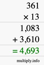 How to calculate 361 times 13 using long multiplication