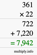 How to calculate 361 times 22 using long multiplication