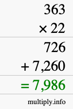 How to calculate 363 times 22 using long multiplication