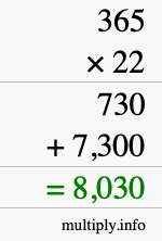 How to calculate 365 times 22 using long multiplication