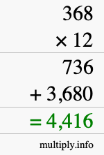 How to calculate 368 times 12 using long multiplication How to calculate 368 times 12 using long multiplication