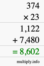 How to calculate 374 times 23 using long multiplication