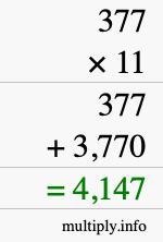 How to calculate 377 times 11 using long multiplication