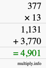 How to calculate 377 times 13 using long multiplication