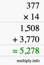 How to calculate 377 times 14 using long multiplication