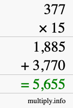 How to calculate 377 times 15 using long multiplication